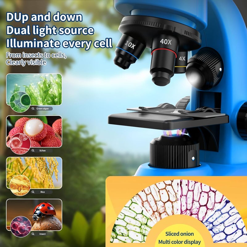 WSDMIC Microscope for Kids Scientific Experiment Kit 40X-1600X Magnification LED Light Educational STEM Kit with Slides and Lab Tools (Blue) - Image 2